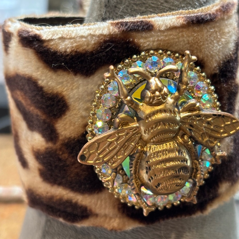 Leopard Print fabric Cuff Bracelet with Gold Bee and crystal Accent